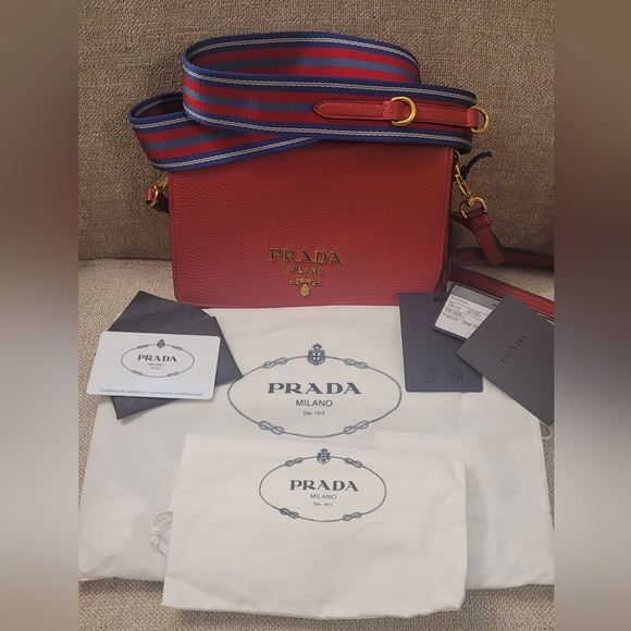 Prada Red Leather Crossbody  Bag with Dual Strap, Dust Bags, Auth Cert & Tags - Picture 1 of 4